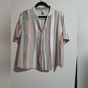 - Saint Tropez West . Striped  Linen Blouse. size 2X.  Short sleeves . E…